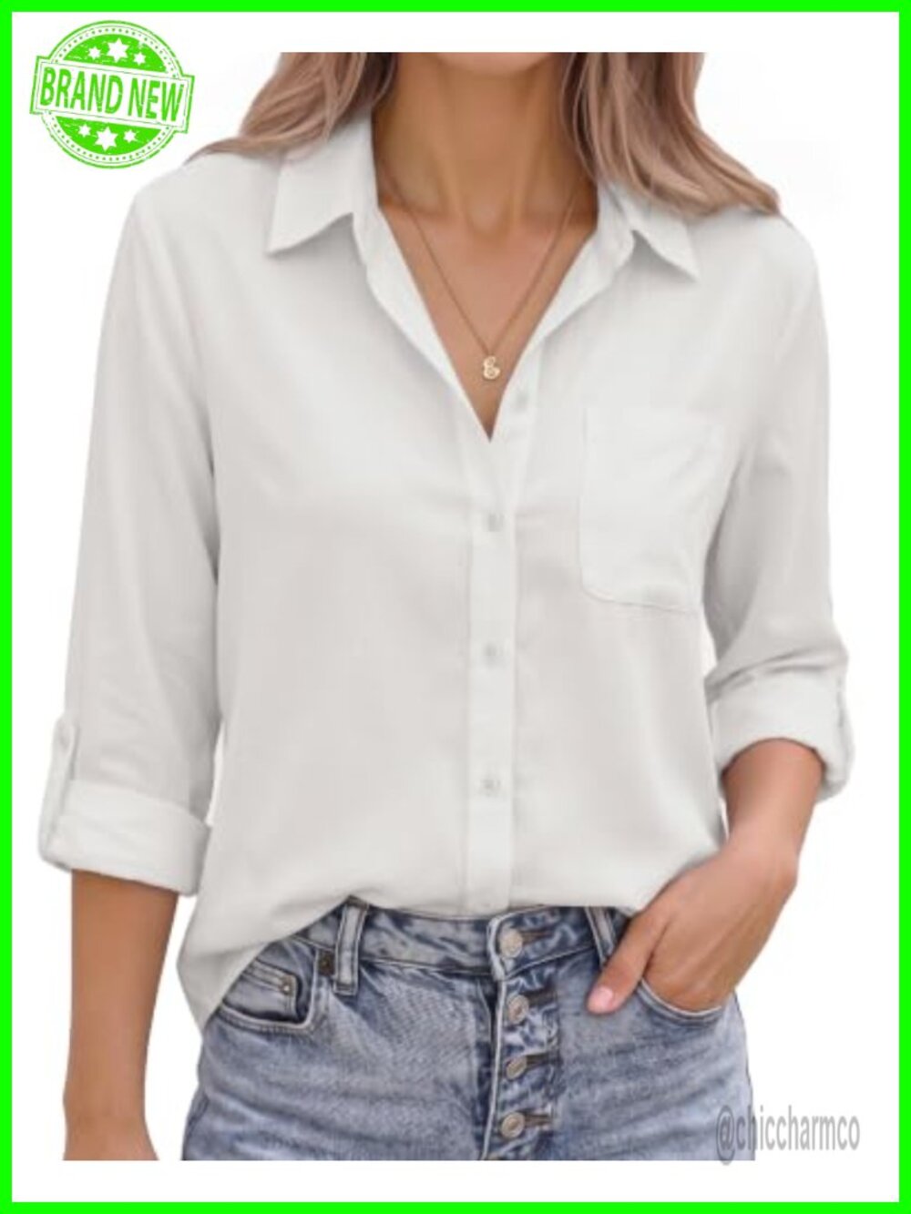 MANGOPOP Women's Button Down Shirt Roll Up Sleeve Casual Blouse Top